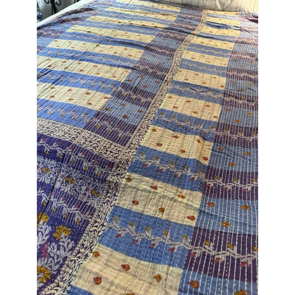 Kantha Quilt Twin Handmade Reversible Indian Cotton Bedspread Throw 86x54 Boho